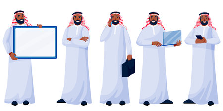 Arab young happy man in traditional clothing in different poses isolated on white background. Arabic muslim male businessman set. Vector flat cartoon characters illustrationのイラスト素材