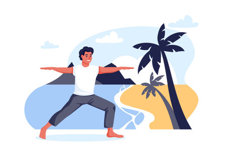 Guy stands in a warrior pose virabhadrasana on sea beach. Outdoor yoga exercise practice. Man training alone on nature. Vector cartoon character illustration. Healthy lifestyle relaxing time conceptのイラスト素材