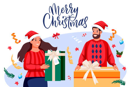 Man and woman in holiday costumes gives Christmas gifts to each other. Happy family preparing to New Year celebration. Vector flat cartoon young couple characters illustrationのイラスト素材
