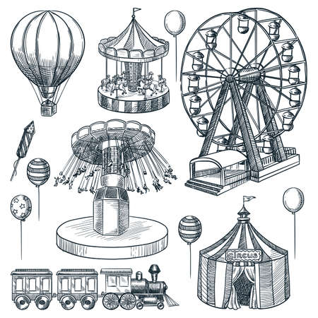 Amusement park design elements collection. Vector hand drawn sketch illustration. Circus tent, carousel, ferris wheel isolated icons. Carnival and attractions design elementsのイラスト素材