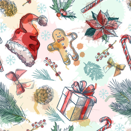 Vector seamless pattern with Christmas and New Year decor. Sketch hand drawn watercolor illustration. Winter holiday background. Trendy print fabric design or gift wrapping paperのイラスト素材