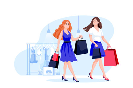 Two female friends walk with shopping bags through mall. Fashion clothes seasonal sale concept. Vector flat cartoon young women characters illustrationのイラスト素材