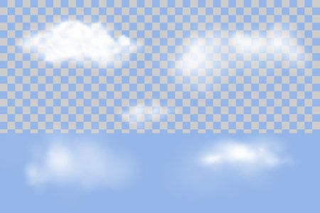 Fluffy clouds realistic vector illustration. Sky design elements isolated on transparent backgroundのイラスト素材