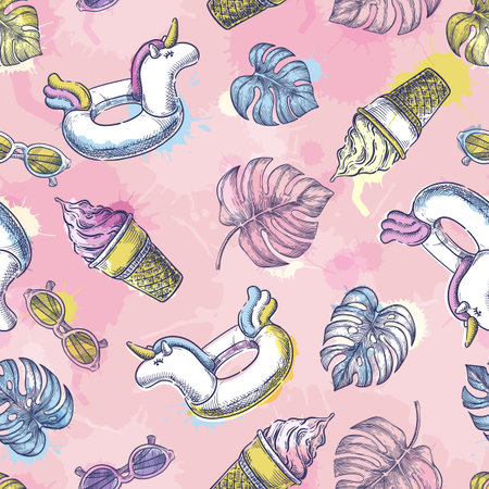 Summer colorful seamless pattern. Unicorn pool toy, tropical leaves, ice cream, sunglasses on pink...