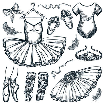Ballet dance design elements isolated on white background. Vector hand drawn sketch illustration of ballerina dress, pointe shoes, bodysuit and tiara headbandのイラスト素材