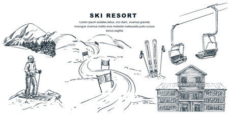 Ski winter resort and travel design elements. Hand drawn vector sketch illustration. Skier on top of mountain, skiing in snow, lift, slope and house isolated on white backgroundのイラスト素材
