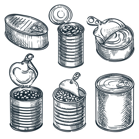 Metal cans, jars containers set isolated on white background. Food in tins, hand drawn vector sketch illustration. Grocery supermarket design elements collectionのイラスト素材