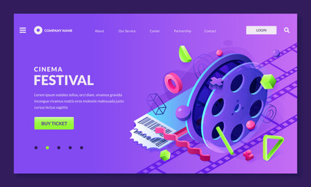 Film festival neon poster or banner background design template. Film reel and tickets vector 3d isometric illustration. Cinema modern glowing gradient design elements. Landing page sale conceptのイラスト素材