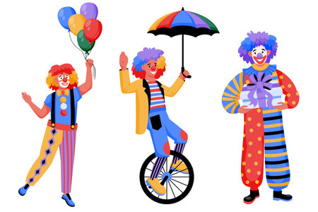 Colorful circus clowns set isolated on white background. Vector flat cartoon illustration of funny jokers in carnival costumes. Amusement park or birthday party design elementsのイラスト素材
