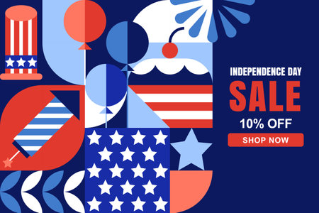 USA Independence Day sale banner, poster. 4th of July geometric color block pattern with American flag and symbols on navy blue background. Vector flat illustration for holiday greeting card designのイラスト素材