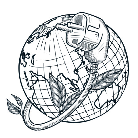 Earth hour concept. Vector hand drawn sketch illustration. Globe planet with electricity cable plug and leaves. Environmental ecology, green renewable energy conceptのイラスト素材