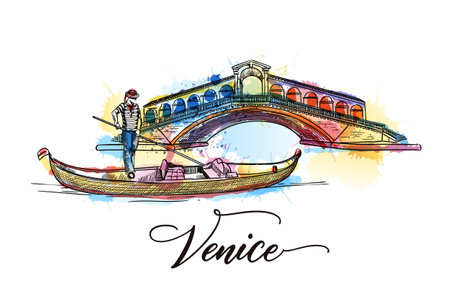 Travel to Italy Venice poster, greeting card, print with hand drawn calligraphy lettering. Vector sketch illustration of Rialto Bridge, gondola, gondolier on colorful watercolor backgorundのイラスト素材