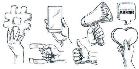 Human hand holding loudspeaker, hashtag sign, magnet, smartphone, heart. Vector hand drawn sketch business illustration. Social media marketing, advertisement, referral program doodle iconsのイラスト素材