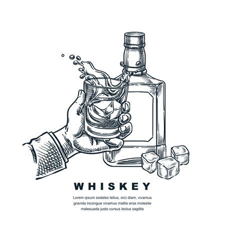 Man hand with scotch whiskey or bourbon glass. Vector hand drawn engraved sketch illustration of whiskey bottle isolated on white background. Alcohol drinks label, badge, poster, banner design elementのイラスト素材