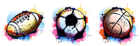 American football, soccer, basketball sports balls collection on watercolor colorful splash background. Vector hand drawn sketch illustration. Sports print, poster or banner design element setのイラスト素材