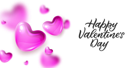 Happy Valentines Day holiday banner, poster, greeting card design elements. Hand drawn calligraphy lettering, blurred pink realistic 3d glass hearts. Vector illustration isolated on white backgroundのイラスト素材