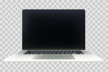 Laptop mockup presentation design template. Vector realistic 3d isometric illustration of silver open computer on transparent background. Blank screen monitor modern deviceのイラスト素材