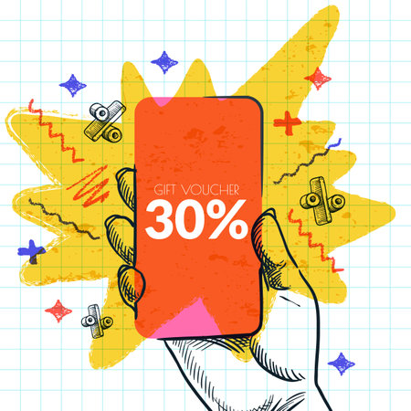 Human hand holding smartphone with discount coupon on screen. Sale promotion banner, poster, greeting card, voucher design template. Vector geometric colorful trendy collage, flat illustrationのイラスト素材