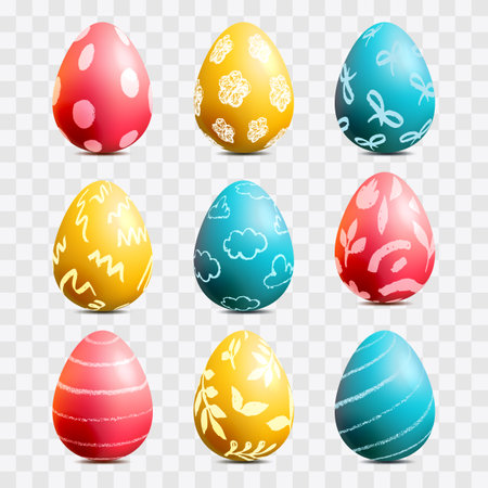 Colorful realistic 3d Easter eggs set. Holiday design elements collection. Multicolored egg with hand painted pattern, isolated on transparent background. Vector illustrationのイラスト素材