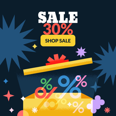 Open gift box with multicolor percent symbols. Sale promotion banner, poster, discount coupon, loyalty card, voucher design template. Vector geometric colorful overlay flat illustrationのイラスト素材