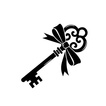 A classic skeleton key adorned with a stylish bow, presented as a clean black silhouette. This design evokes a sense of mystery, access, and vintage charm, perfect for various creative projects.のイラスト素材
