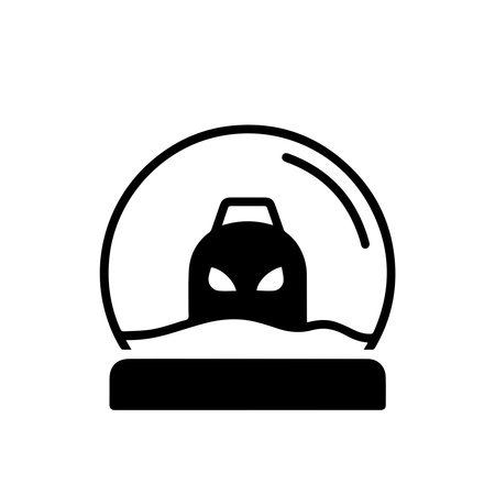 A simple black and white line art illustration of a snow globe containing a stylized car icon, representing winter travel or holiday themes.のイラスト素材