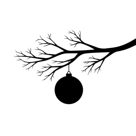 A minimalist silhouette illustration of a single Christmas ornament suspended from a leafless tree branch, evoking a winter holiday feel.のイラスト素材