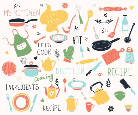 Kitchen doodle vector icon set. For modern recipe card template set for cookbook. Menu creator.のイラスト素材