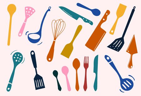 Colorful sets of silhouette kitchen tools: spade, ladle, knife, spoon, fork, spatula, knead, icon for cooking and dinning, create by vectorのイラスト素材