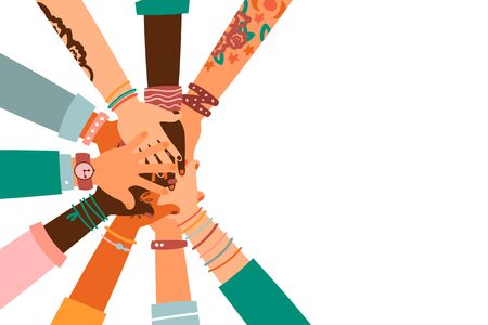 Hands together - set of different races raised up hands. The concept of education, business training, volunteering charity, party.のイラスト素材