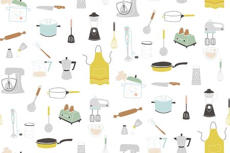 Kitchen doodle vector icon set. Vector seamless pattern.のイラスト素材