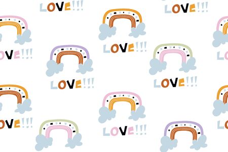 Stickers set with rainbow, love and cloud. Cool decoration elements isolated on white. Vector illustration pattern.のイラスト素材