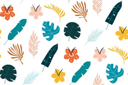 Vector set pattern of tropical leaves and flower. Pattern isolated elements on the white background.のイラスト素材