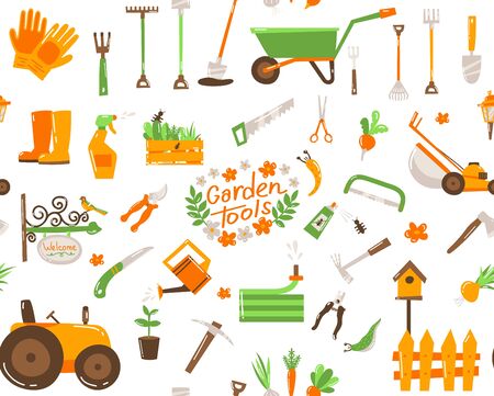 Big gardening collection icons set and design elements. Garden tools and decor collection, isolated pattern on a white background. Vector illustration.のイラスト素材