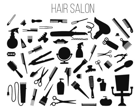 Hair salon - hair cut, manicure, makeup, hair coloring, hairdressing, styling professional beauty tools and equipment big set.のイラスト素材