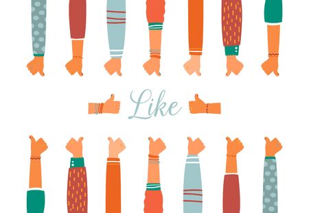 Colorful up hands set with thumbs up gestures, vector illustrationのイラスト素材