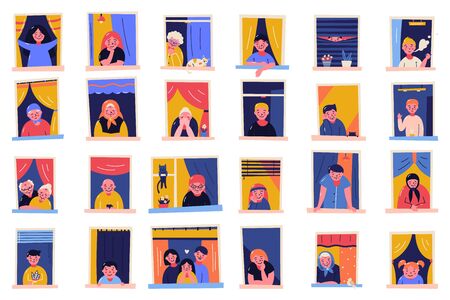 Stay home motivational banner. People in windows staying home due to quarantine , working, studying, playing guitar, reading. Brick houses front.のイラスト素材