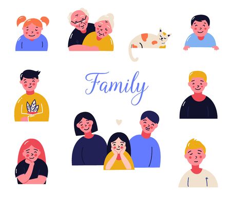 Family portrait set. Father and mother, children, elderly parents and a catのイラスト素材