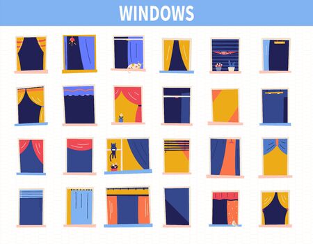 Retro wood or wooden window frames view isolated on house wall. Detailed plastic window with curtains or pot isolated. Architecture design outdoor or exterior view, building and home themeのイラスト素材