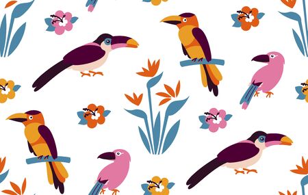 Pattern of tropical birds. Bright exotic tropical birds. Macaw, Cockatoo, flamingo, toucan. Vector.のイラスト素材
