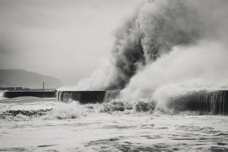 Typhoon Waves Crashing, Yilan, Taiwanの写真素材