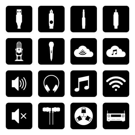 Set of audio and connection icons on dark backgroundsのイラスト素材