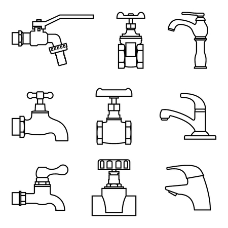 Set of faucet and tap icons. Vector thin lineのイラスト素材