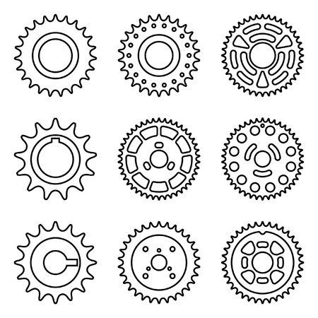 Sprocket wheel icons set. Thin line vectorのイラスト素材