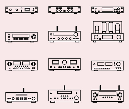 Power amplifier and receiver icons on light pink background. Vector illustrationのイラスト素材