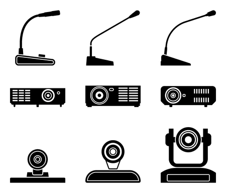 Conference equipment icons. Microphone, projector and camera. Vector illustrationのイラスト素材