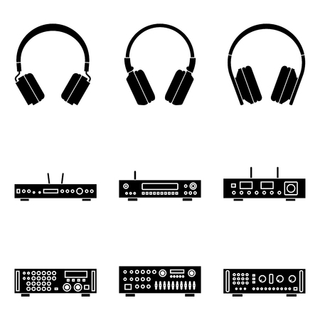 Set of audio equipment. Heaphone and amplifier. Silhouette vectorのイラスト素材