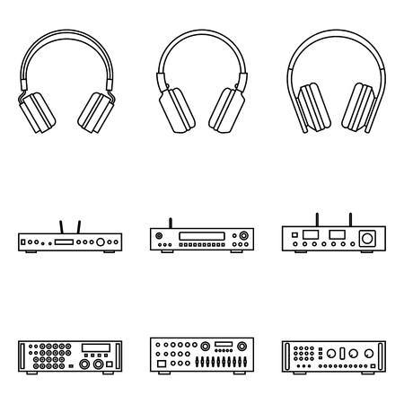 Set of audio equipment. Heaphone and amplifier. Thin line vectorのイラスト素材