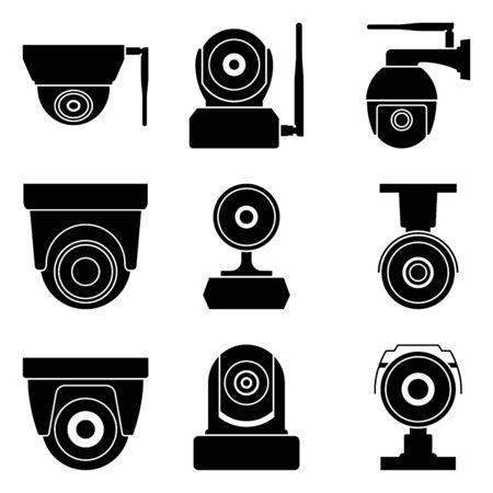 Outdoor and indoor surveillance camera. Home security. Silhouette iconsのイラスト素材
