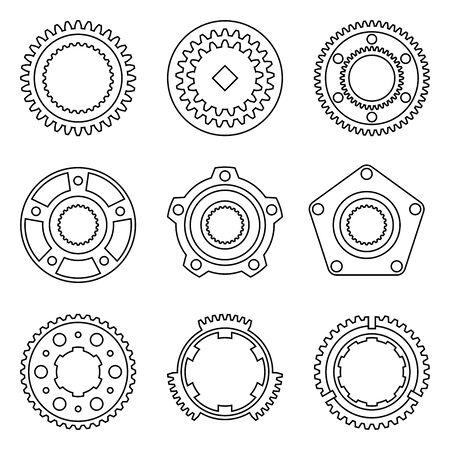 Synchronize ring, gear wheel, wheel hub assembly. Car parts. Thin line iconsのイラスト素材